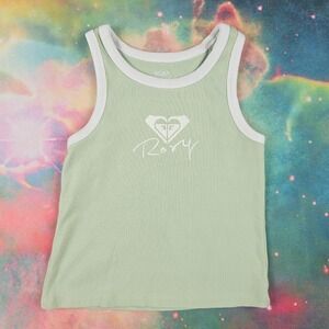 Roxy Girls Ribbed Tank Top Green White Trim‎ Logo
